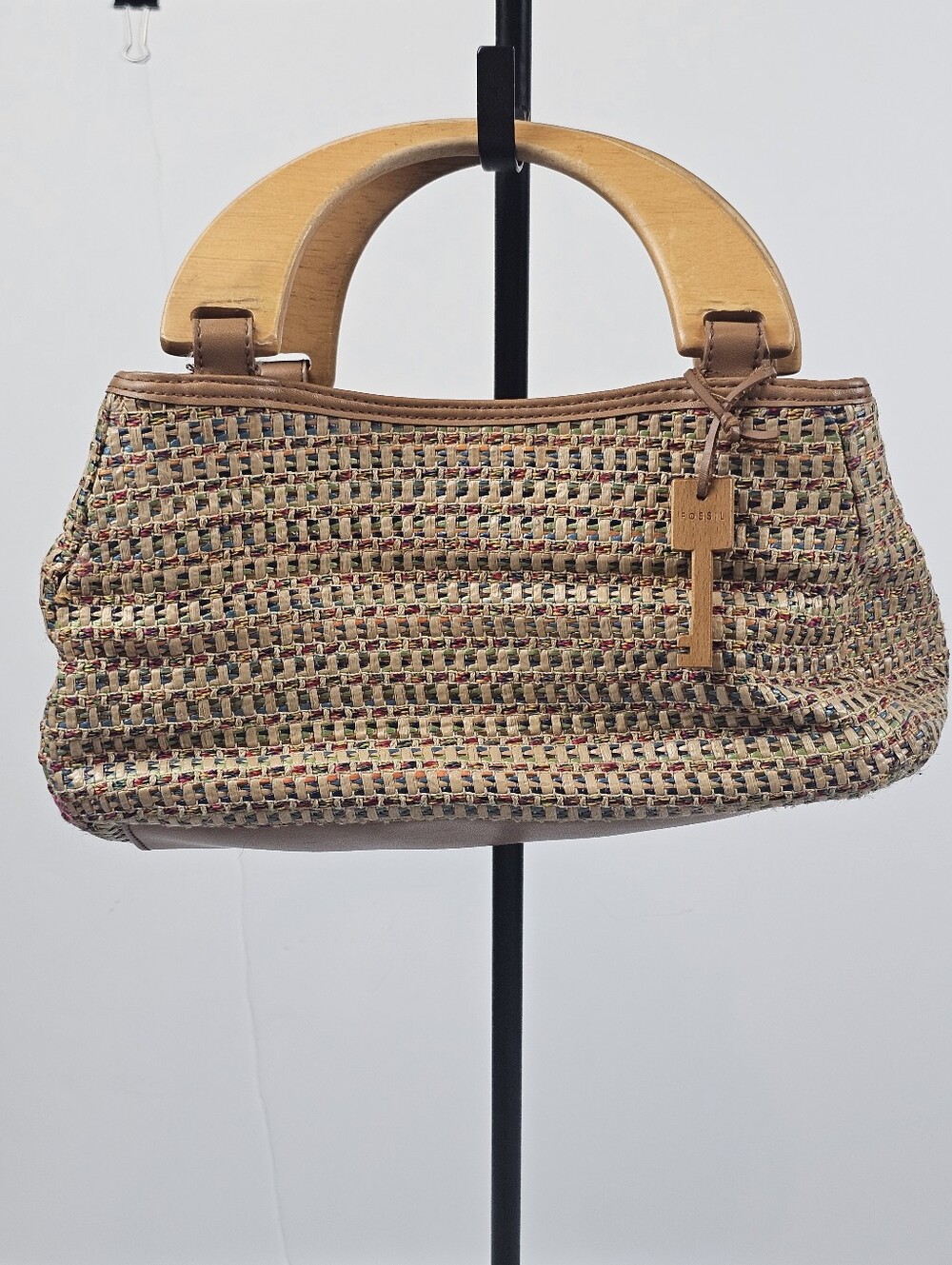 Fossil Raffia Straw Woven Boho Bag Purse Wooden‎ Handles Leather Trim - Picture 5 of 6